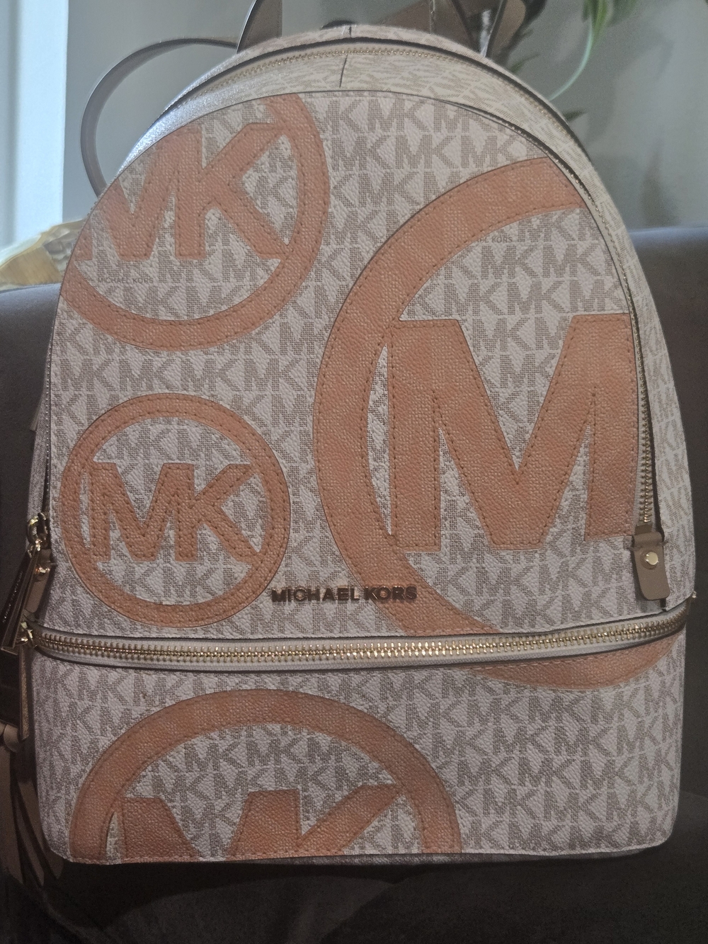 Michael Kors Rhea Zip Medium Backpack — Vanilla/Acorn MK Logo